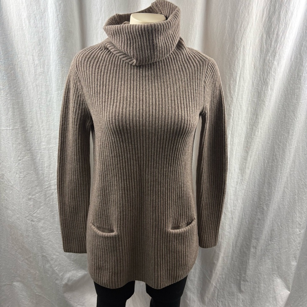 Saks Fifth Avenue Beige Cashmere Cowl Neck Ribbed Knit Tunic Sweater XS